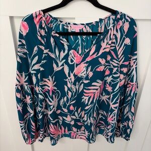 Floral V-Neck Long Sleeve Top in Teal and Pink-Lilly Pulitzer-Small